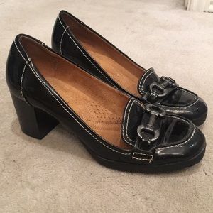 Black patent heeled loafers